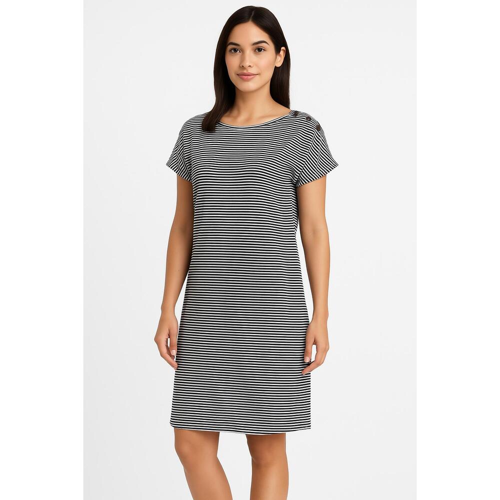 Bobeau Small Blue Striped Short Sleeve Knee Length Cotton Casual Dress